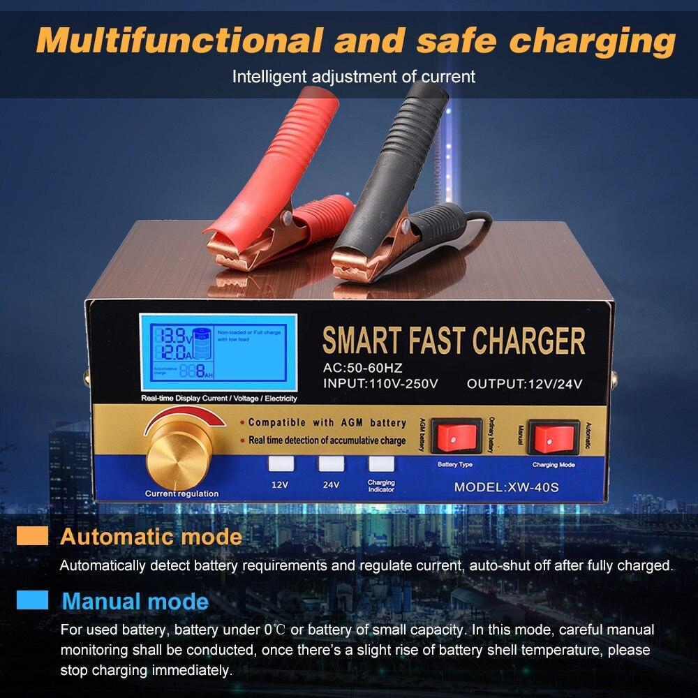 Intelligent Automatic Battery Charger 12V/24V with digital display and compact design for car and motorcycle batteries.