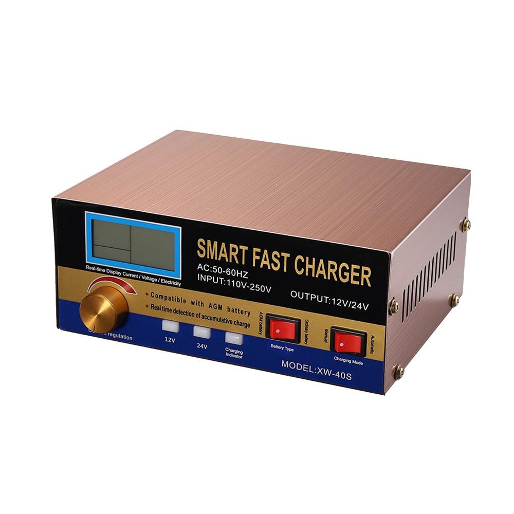 Intelligent Automatic Battery Charger 12V/24V with digital display and compact design for car and motorcycle batteries.