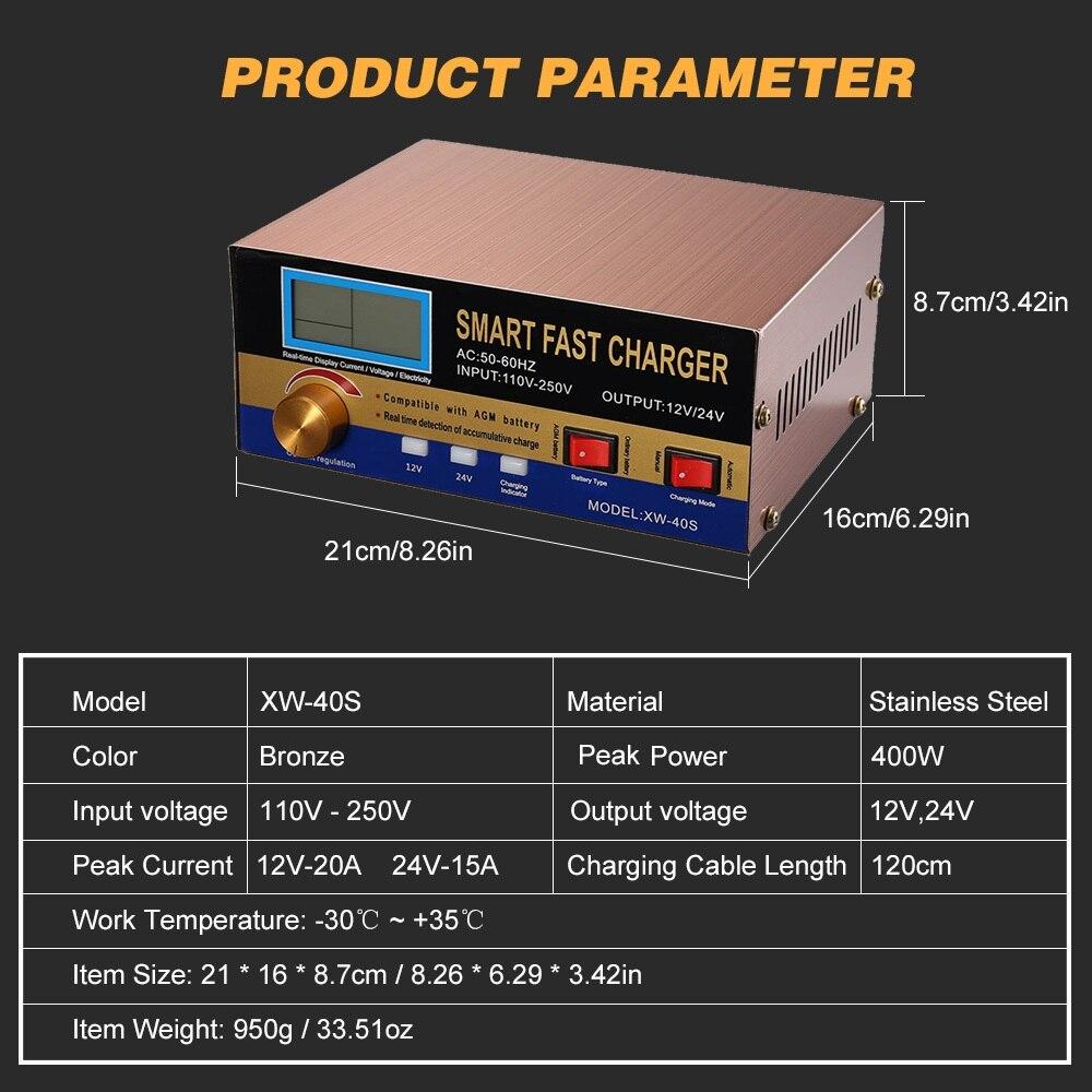 Intelligent Automatic Battery Charger 12V/24V with digital display and compact design for car and motorcycle batteries.