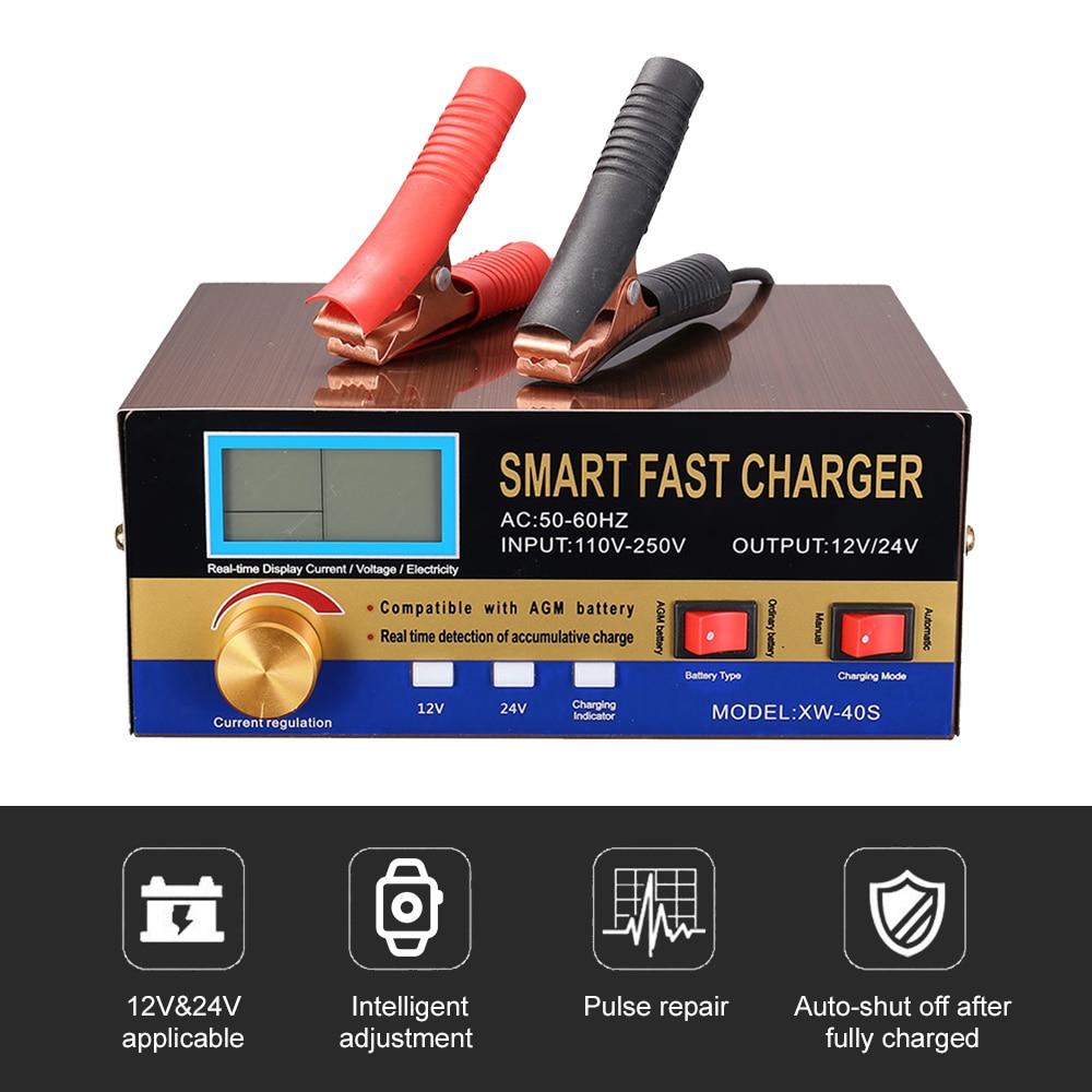 Intelligent Automatic Battery Charger 12V/24V with digital display and compact design for car and motorcycle batteries.