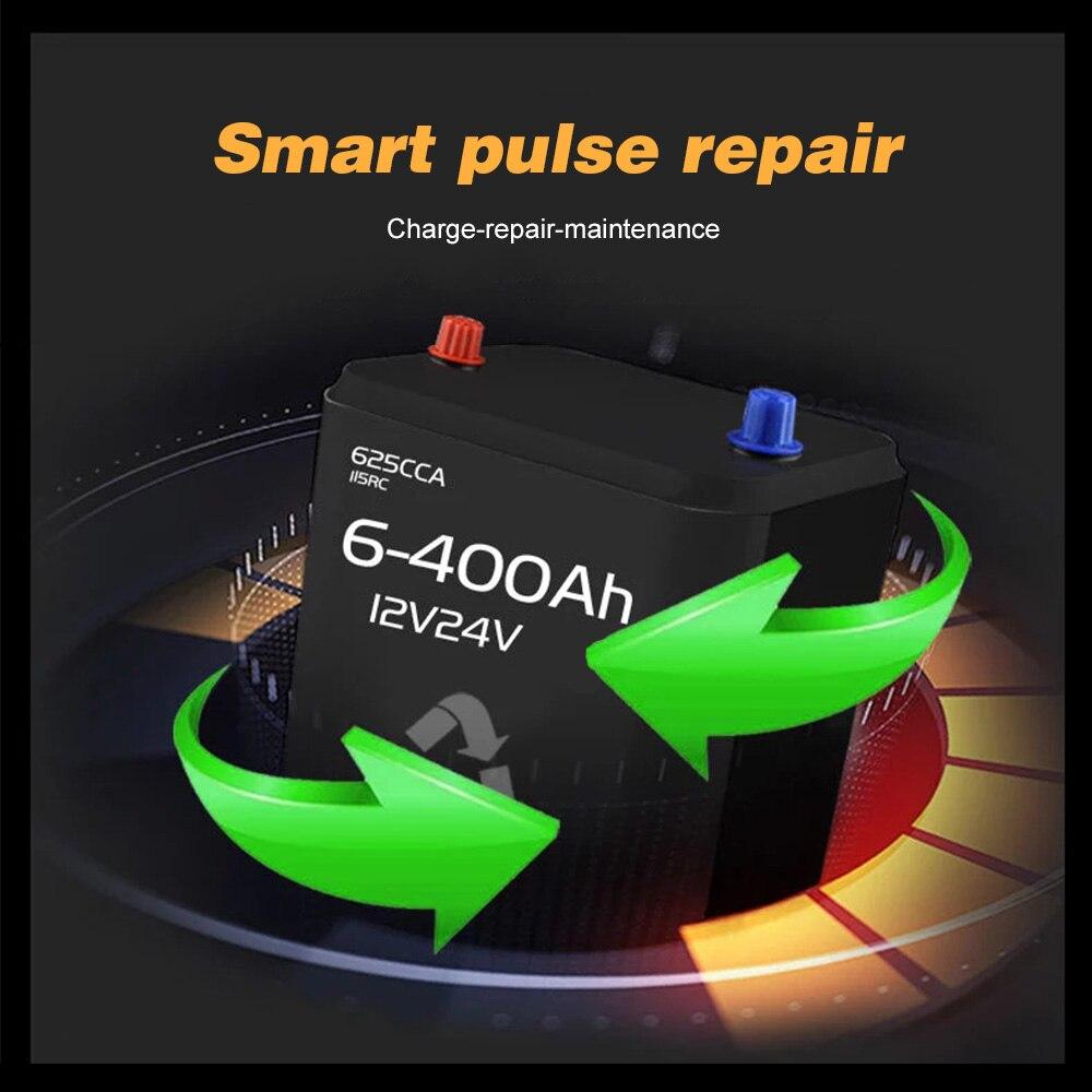 Intelligent Automatic Battery Charger 12V/24V with digital display and compact design for car and motorcycle batteries.