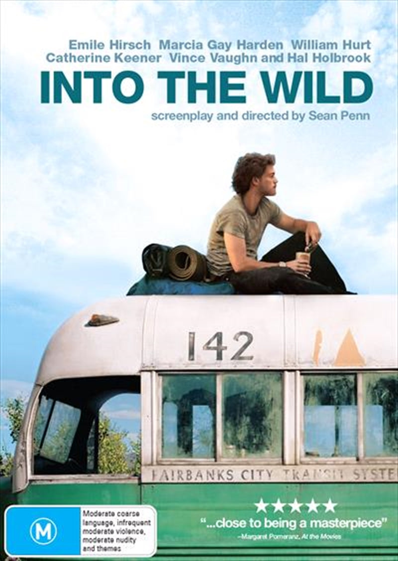 Into The Wild DVD cover featuring Christopher McCandless in a wilderness setting, showcasing adventure and exploration themes.