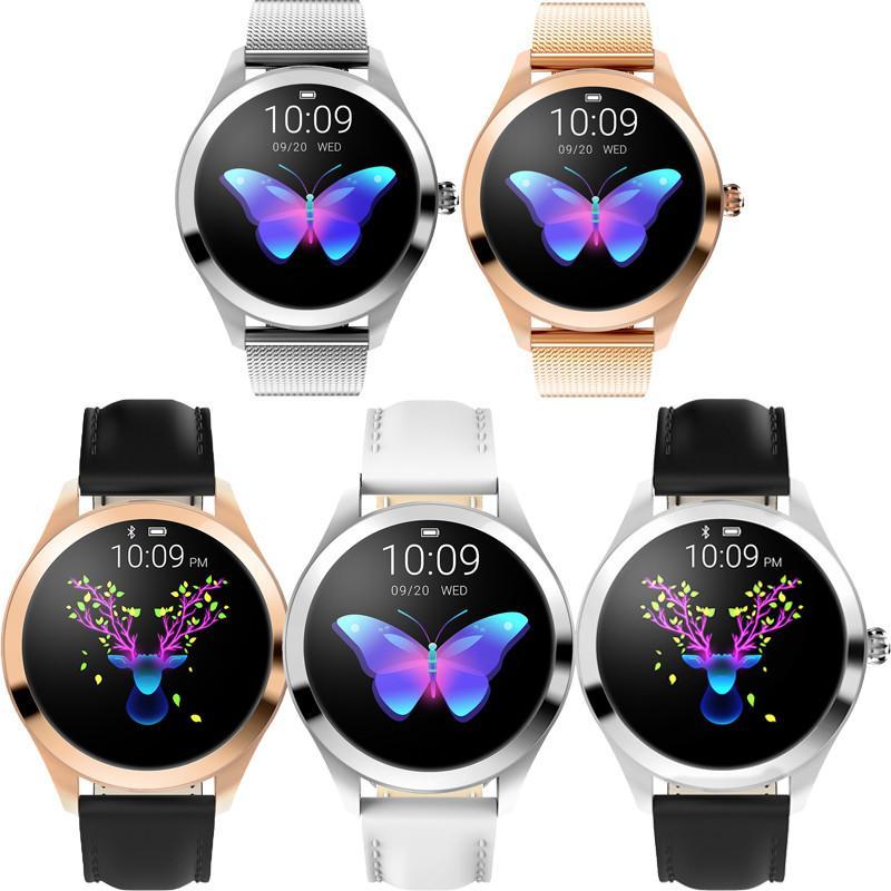 IP68 Waterproof KW10 Smart Watch for women with heart rate monitor and stylish design, featuring a stainless steel shell and mesh strap.