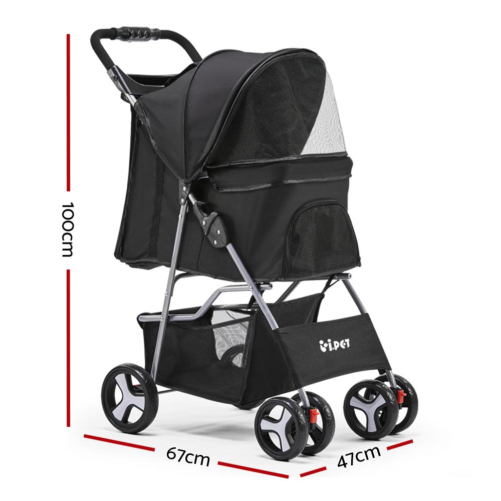 i.Pet 4 Wheel Pet Stroller in Black with spacious pet cage and durable wheels, designed for comfort and convenience during walks.