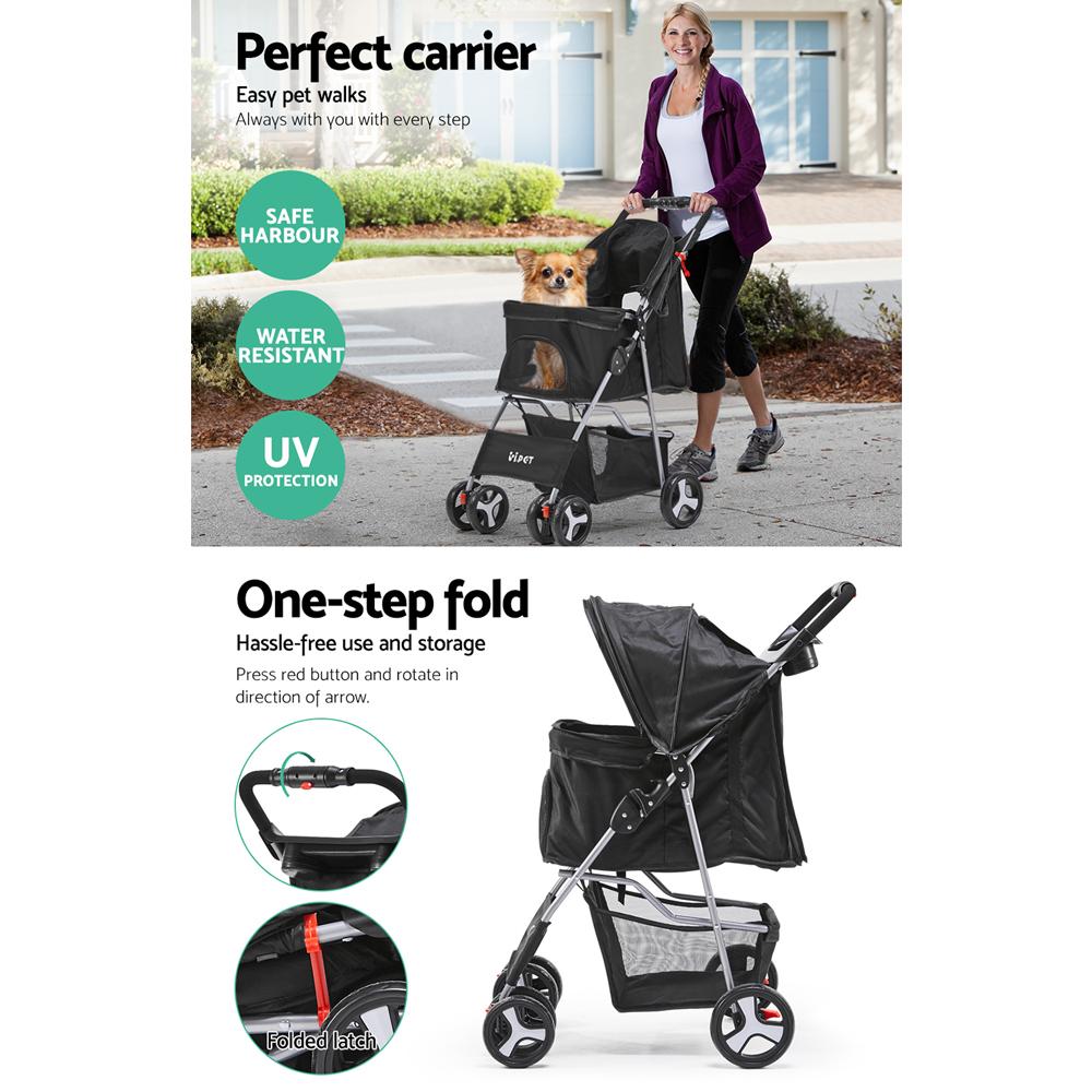 i.Pet 4 Wheel Pet Stroller in Black with spacious pet cage and durable wheels, designed for comfort and convenience during walks.