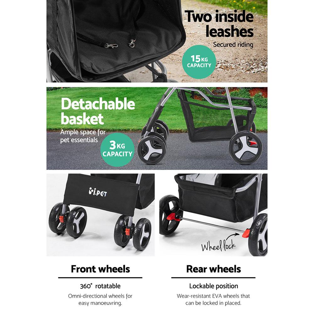 i.Pet 4 Wheel Pet Stroller in Black with spacious pet cage and durable wheels, designed for comfort and convenience during walks.