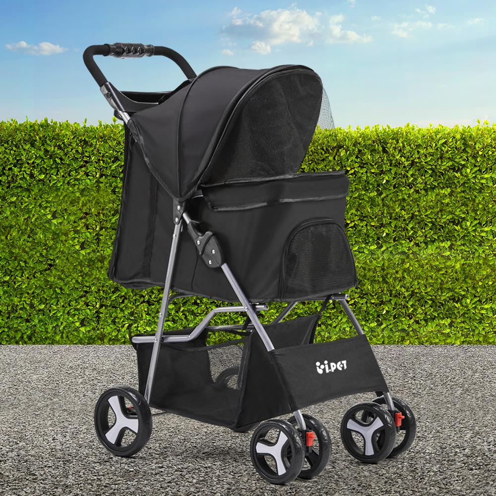 i.Pet 4 Wheel Pet Stroller in Black with spacious pet cage and durable wheels, designed for comfort and convenience during walks.