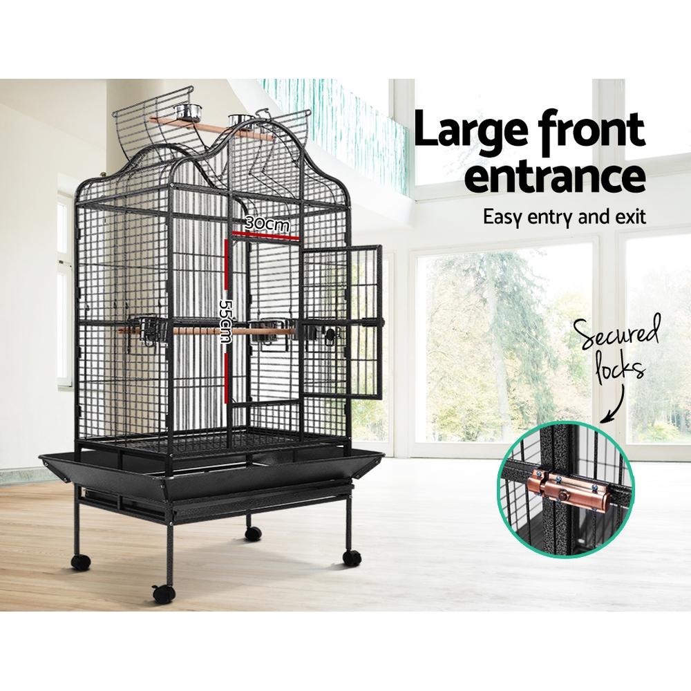 Large i.Pet Bird Cage with open top design, featuring heavy-duty wrought iron frame, wooden perches, and stainless steel feeders.