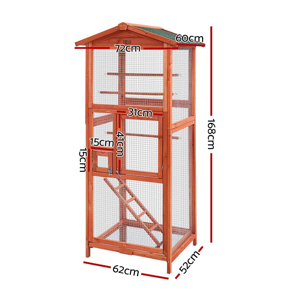 i.Pet Bird Cage made of fir wood with a green asphalt roof, featuring two large doors, three perches, and a ladder for canaries.