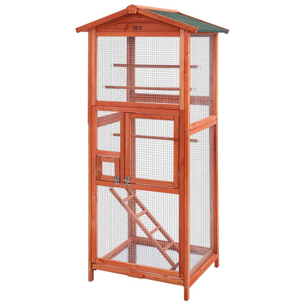 i.Pet Bird Cage made of fir wood with a green asphalt roof, featuring two large doors, three perches, and a ladder for canaries.