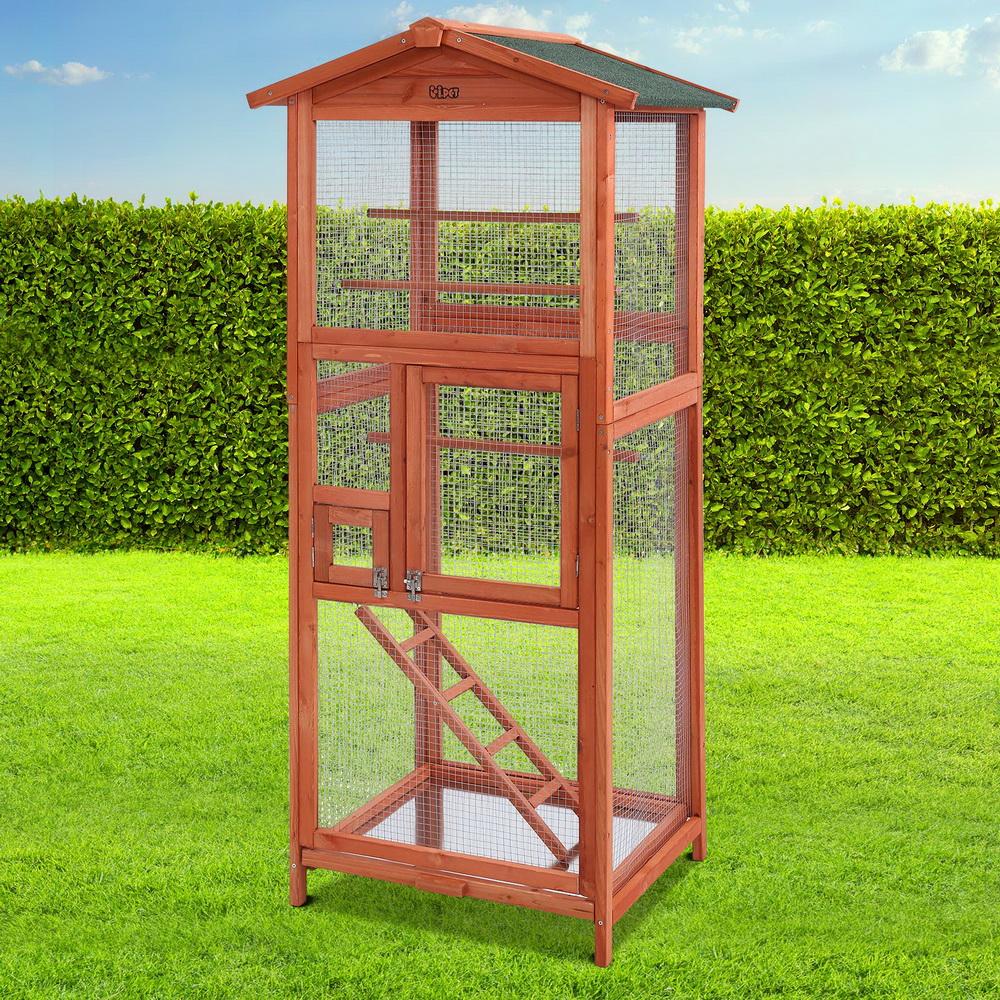 i.Pet Bird Cage made of fir wood with a green asphalt roof, featuring two large doors, three perches, and a ladder for canaries.