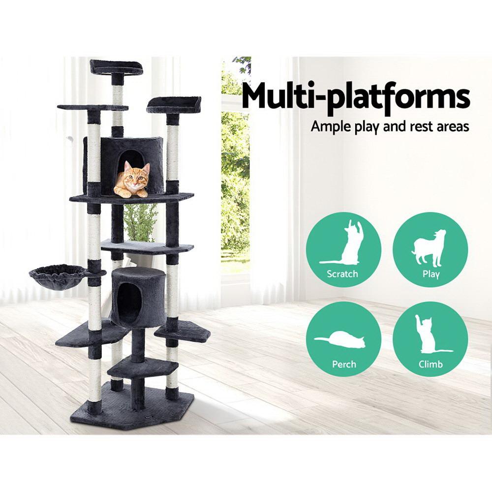 i.Pet Cat Tree 203cm tall with plush covering and sisal scratching posts, featuring multiple levels and a hanging mouse toy.