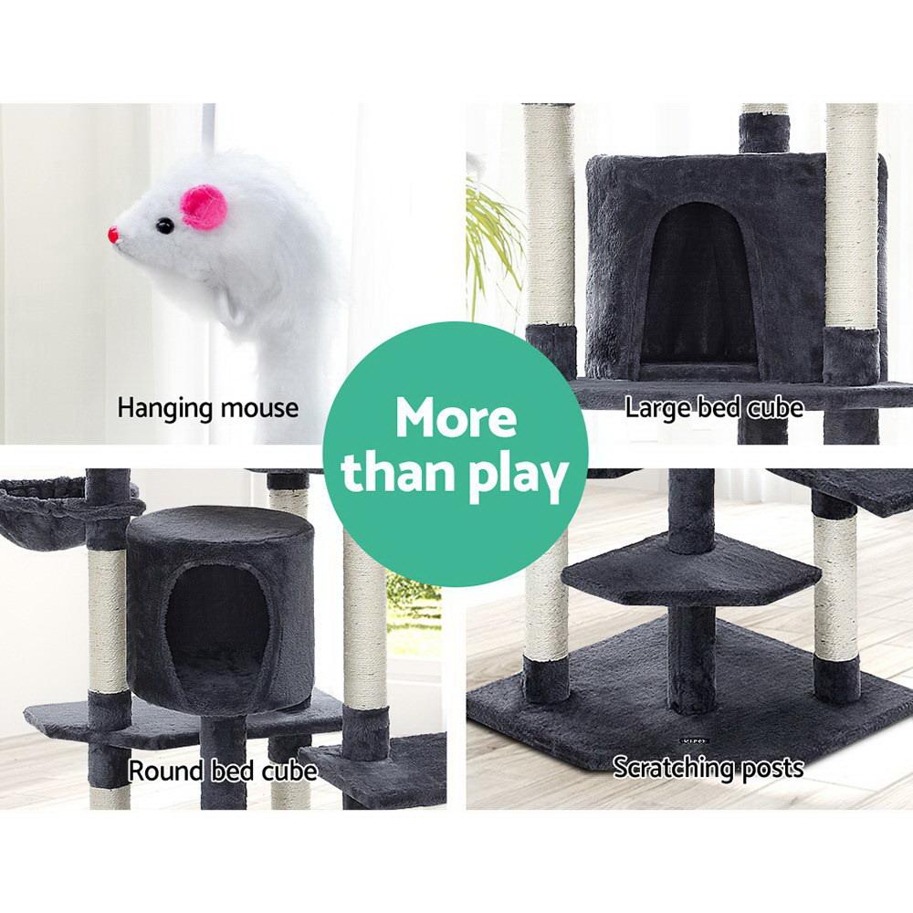 i.Pet Cat Tree 203cm tall with plush covering and sisal scratching posts, featuring multiple levels and a hanging mouse toy.