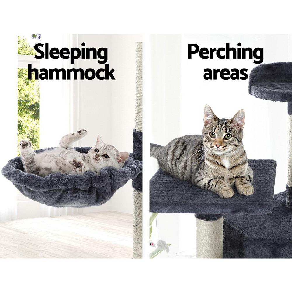 i.Pet Cat Tree 203cm tall with plush covering and sisal scratching posts, featuring multiple levels and a hanging mouse toy.