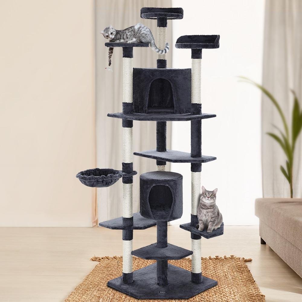 i.Pet Cat Tree 203cm tall with plush covering and sisal scratching posts, featuring multiple levels and a hanging mouse toy.