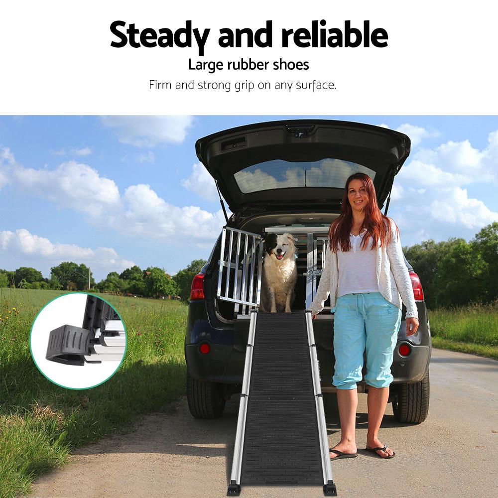 Foldable i.Pet Dog Ramp in black, designed for easy pet access to vehicles, featuring a slip-resistant surface and sturdy aluminum frame.