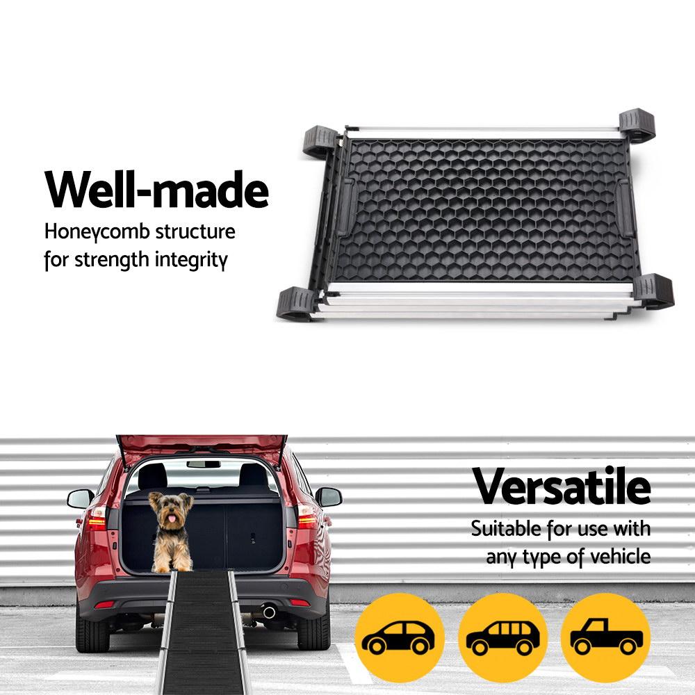 Foldable i.Pet Dog Ramp in black, designed for easy pet access to vehicles, featuring a slip-resistant surface and sturdy aluminum frame.