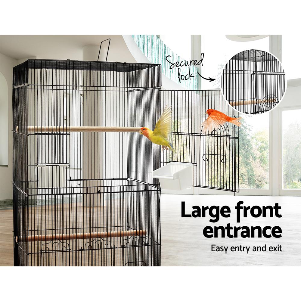 i.Pet Medium Bird Cage in Black with perches and feeders, designed for small to medium birds, showcasing its spacious interior and durable construction.