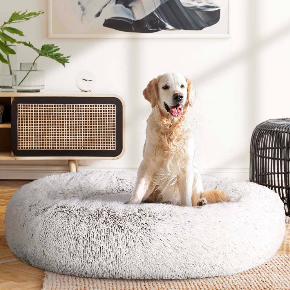 i.Pet Extra Large Pet Bed in white with brown accents, designed for dogs and cats, featuring a soft surface and non-slip base.