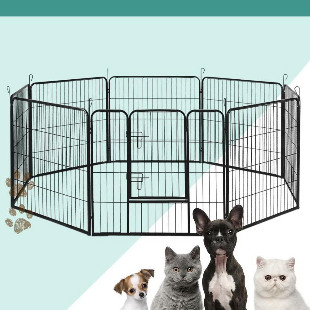 i.Pet 8 Panel Dog Playpen in black, showcasing its foldable design and access door.