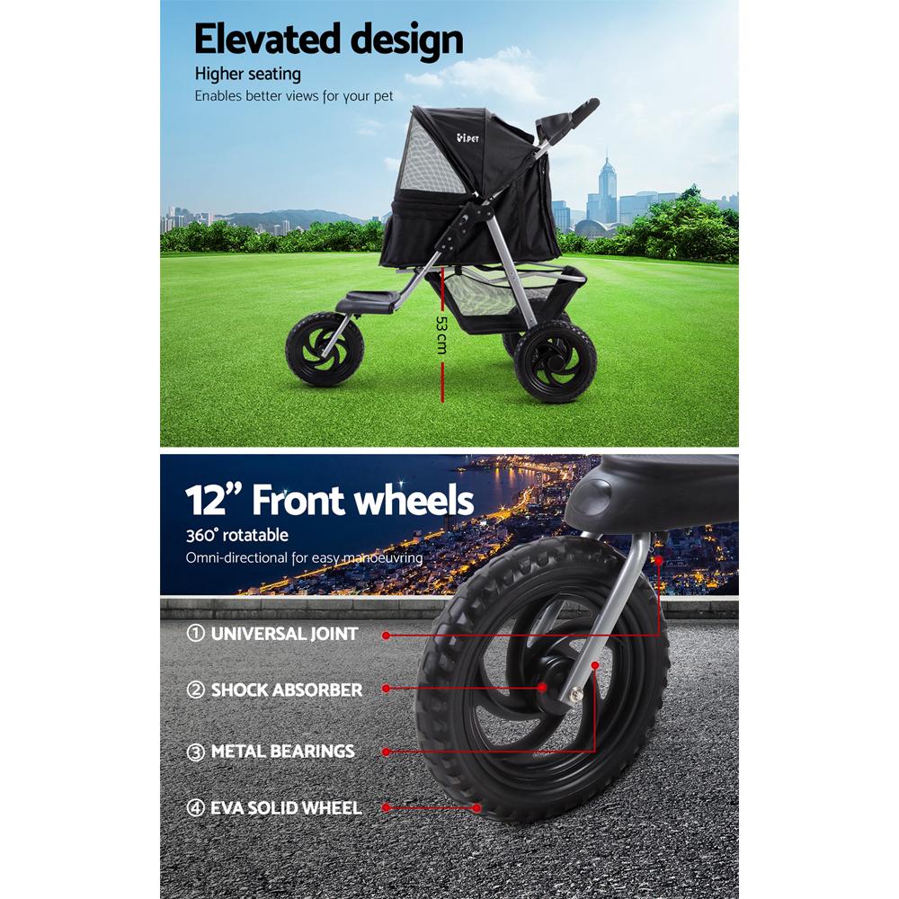 i.Pet Pet Stroller Dog Carrier in black, featuring a sturdy frame, elevated seating area, and large wheels for easy maneuverability.