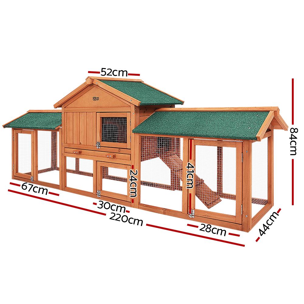 i.Pet Rabbit Hutch Chicken Coop made of fir wood, featuring a cozy upper bedroom and spacious ground play area, with a green asphalt roof.