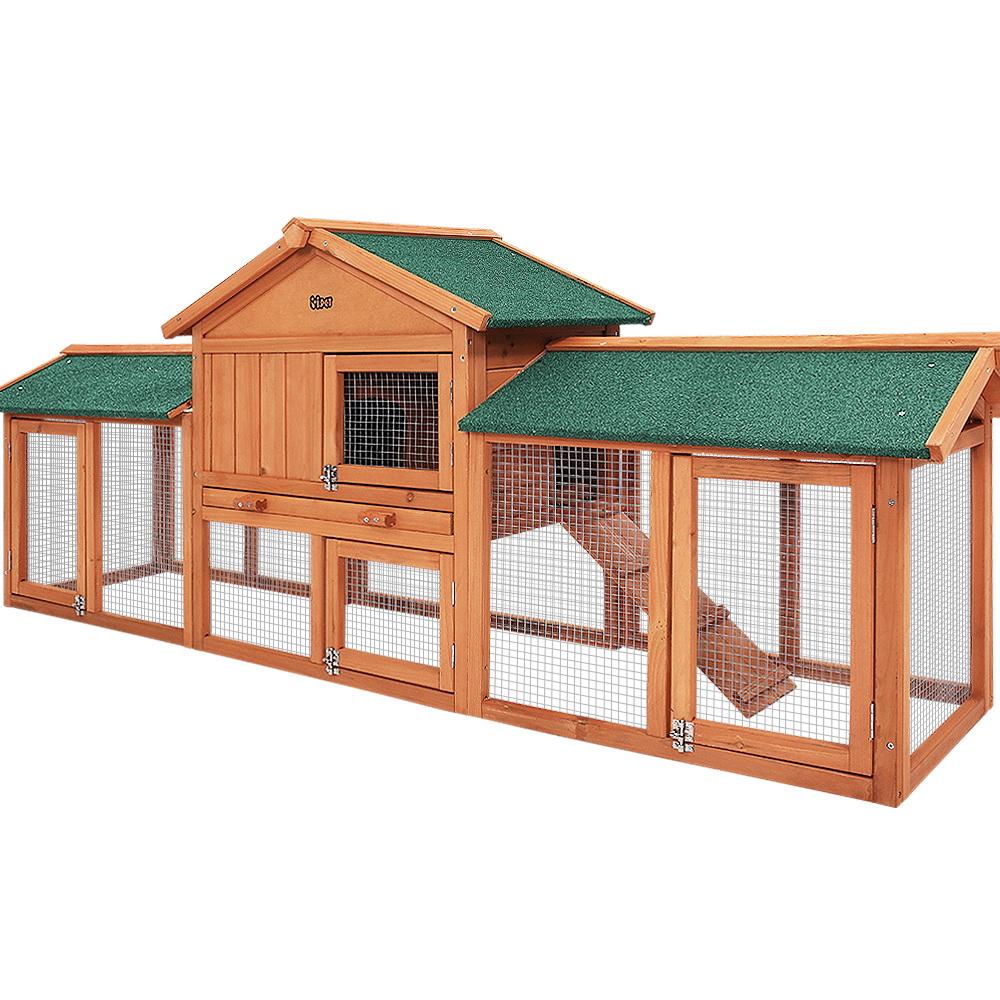 i.Pet Rabbit Hutch Chicken Coop made of fir wood, featuring a cozy upper bedroom and spacious ground play area, with a green asphalt roof.