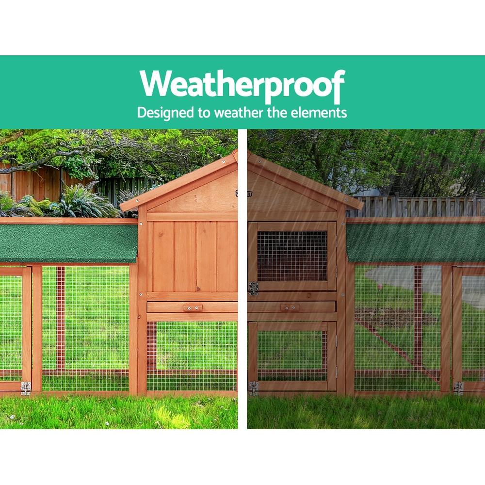 i.Pet Rabbit Hutch Chicken Coop made of fir wood, featuring a cozy upper bedroom and spacious ground play area, with a green asphalt roof.