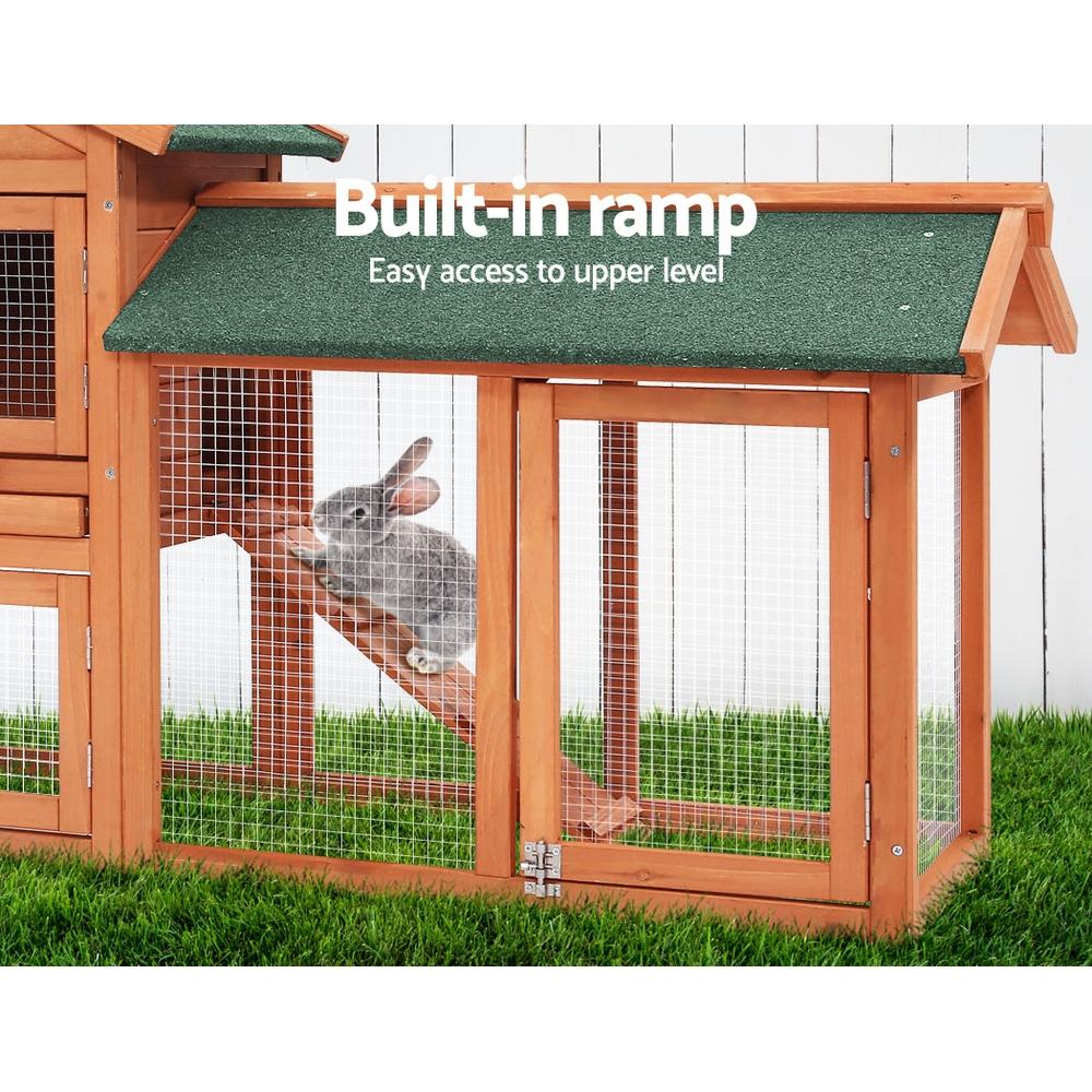 i.Pet Rabbit Hutch Chicken Coop made of fir wood, featuring a cozy upper bedroom and spacious ground play area, with a green asphalt roof.