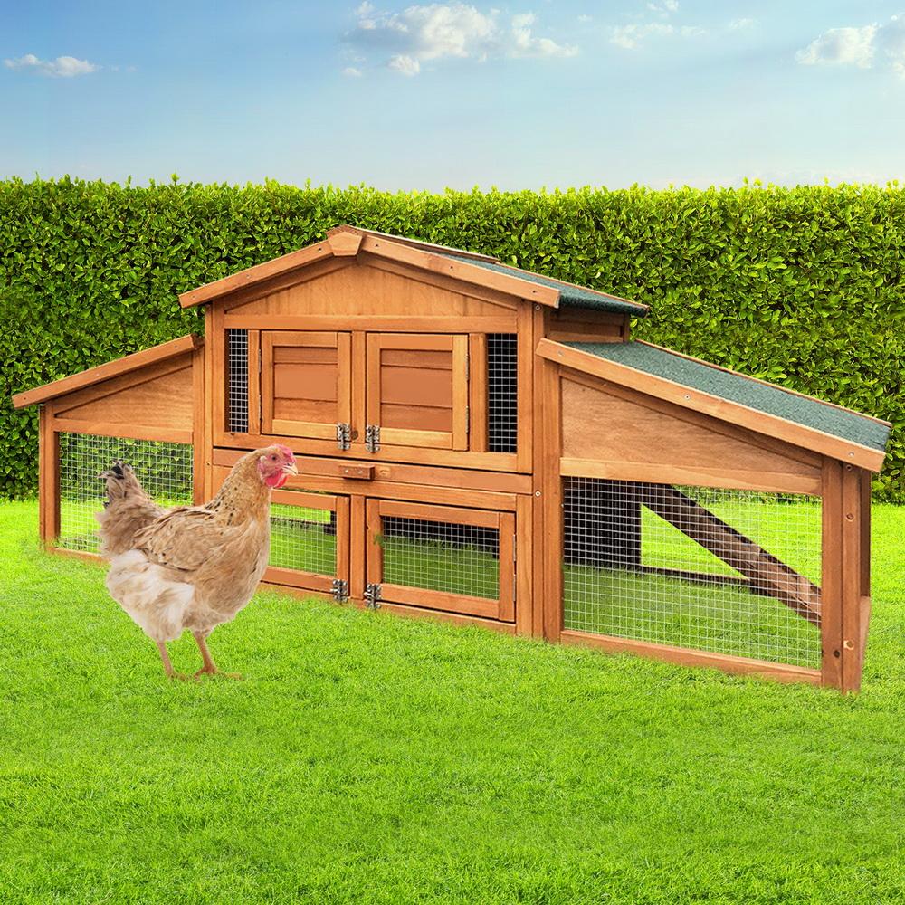 i.Pet Rabbit Hutch Chicken Coop made of fir wood, featuring a cozy upper bedroom and spacious ground play area, with a green asphalt roof.