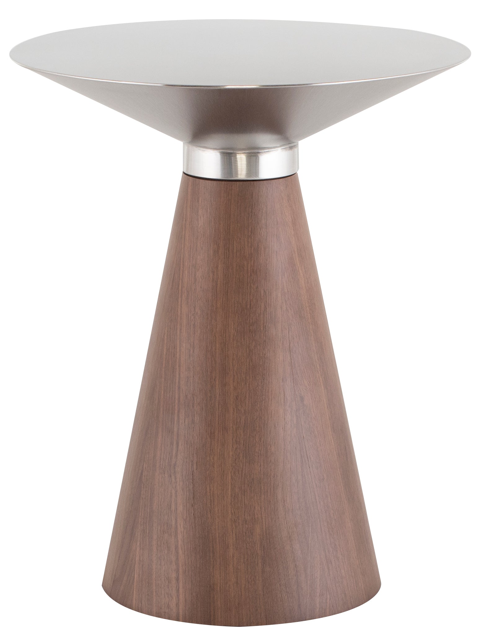 Iris Side Table featuring a brushed stainless steel top and walnut veneer base, showcasing modern design and elegance.