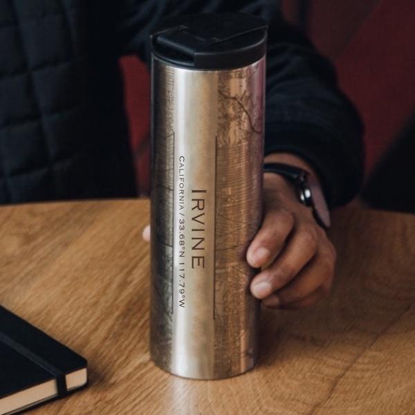 Custom engraved stainless steel tumbler featuring a detailed map of Irvine, California with coordinates.