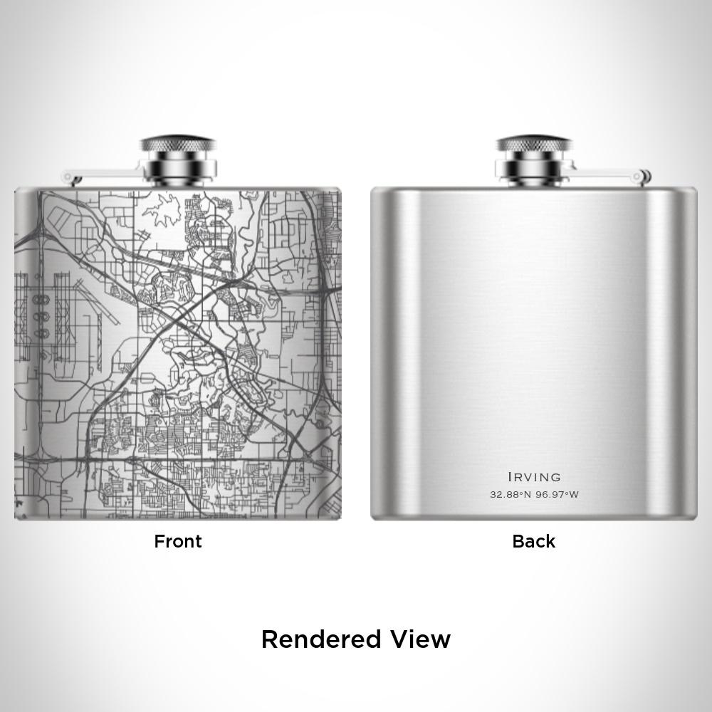 Custom engraved 6oz hip flask featuring a map of Irving, Texas with coordinates, accompanied by a canvas bag and funnel.