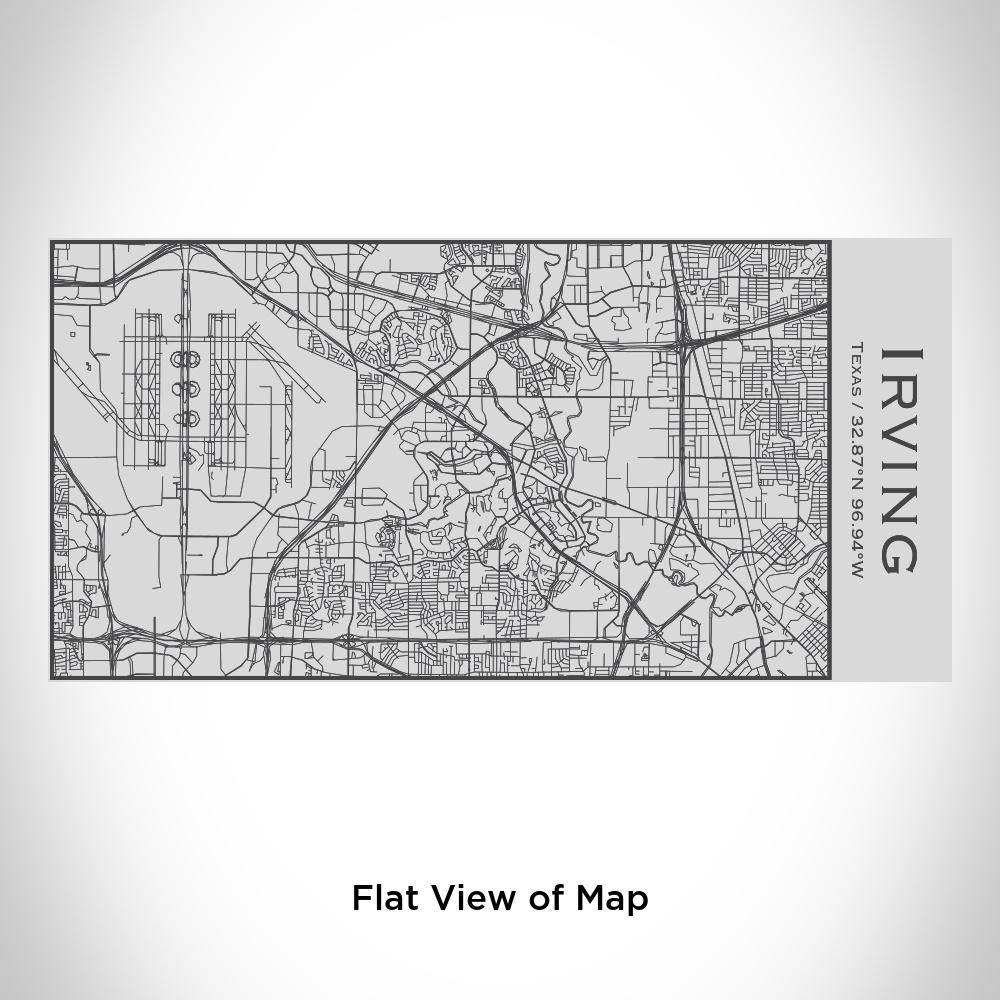 Custom engraved insulated bottle featuring a map of Irving, Texas with coordinates, made of stainless steel.