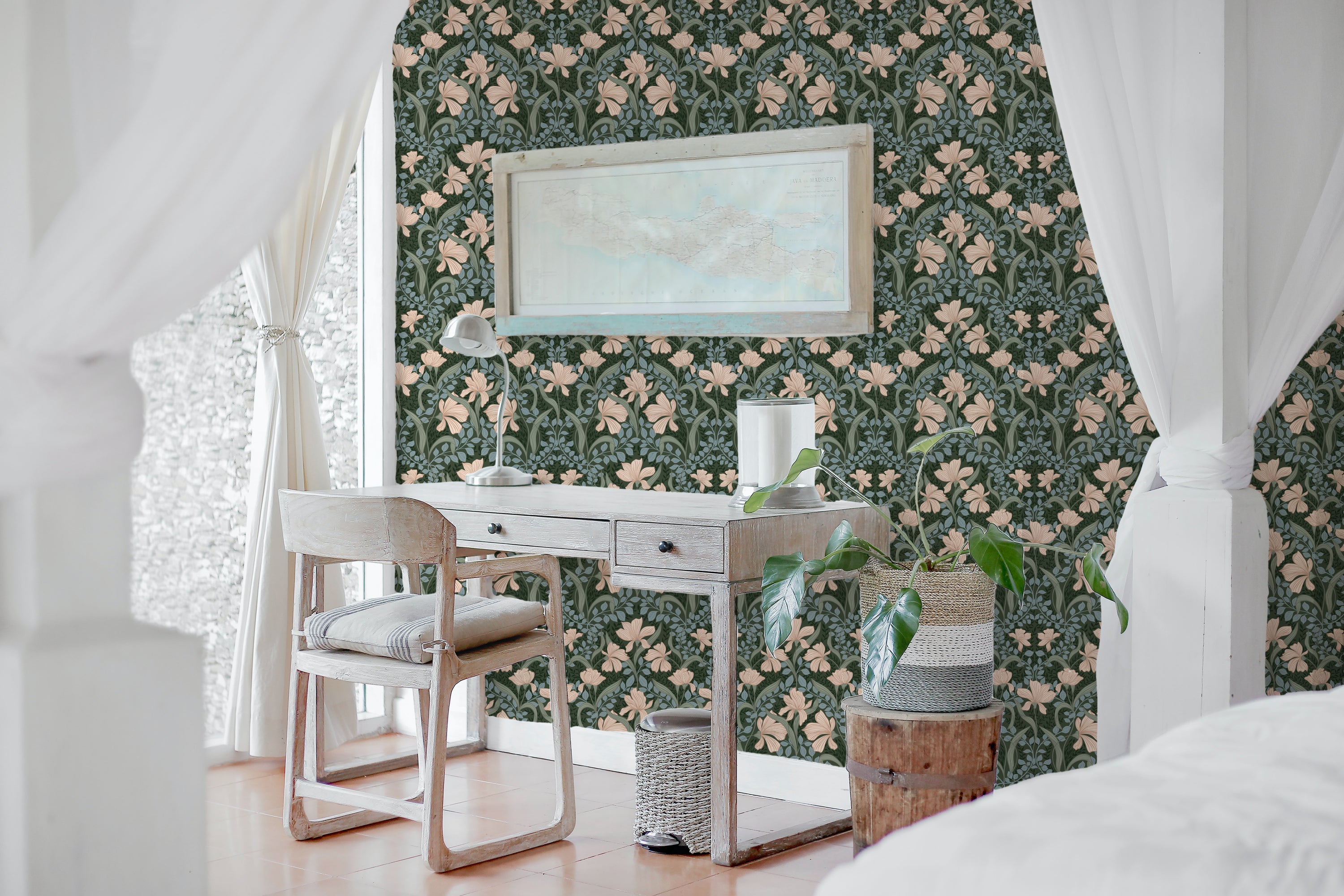 Isabella Wallpaper in Evergreen design, showcasing a modern pattern with vibrant colors, perfect for home decor.