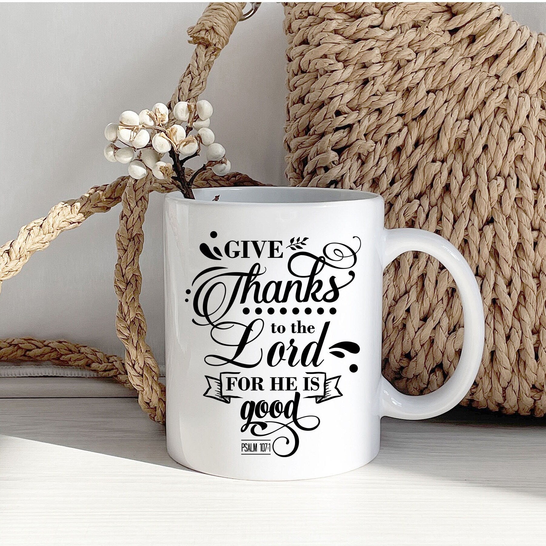 A ceramic mug featuring the scripture 'It A Good Thing To Give Thanks To Lord' from Psalm 107:1, designed for autumn décor.