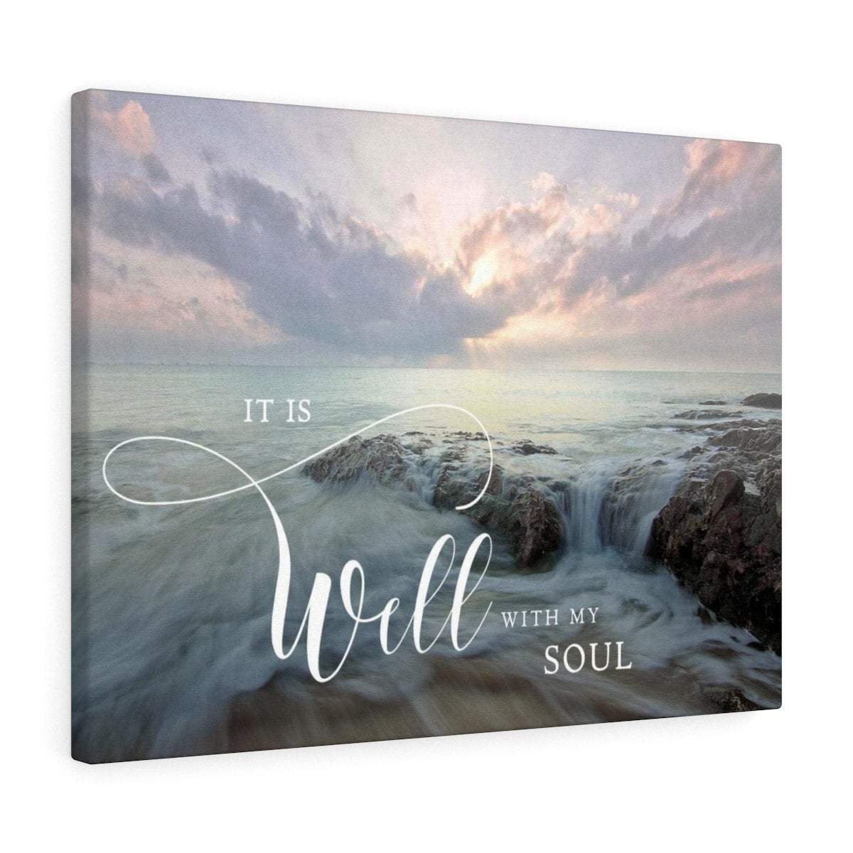 A serene canvas print featuring the quote 'It Is Well With My Soul' under a beautiful sky and peaceful waters, perfect for home decor.