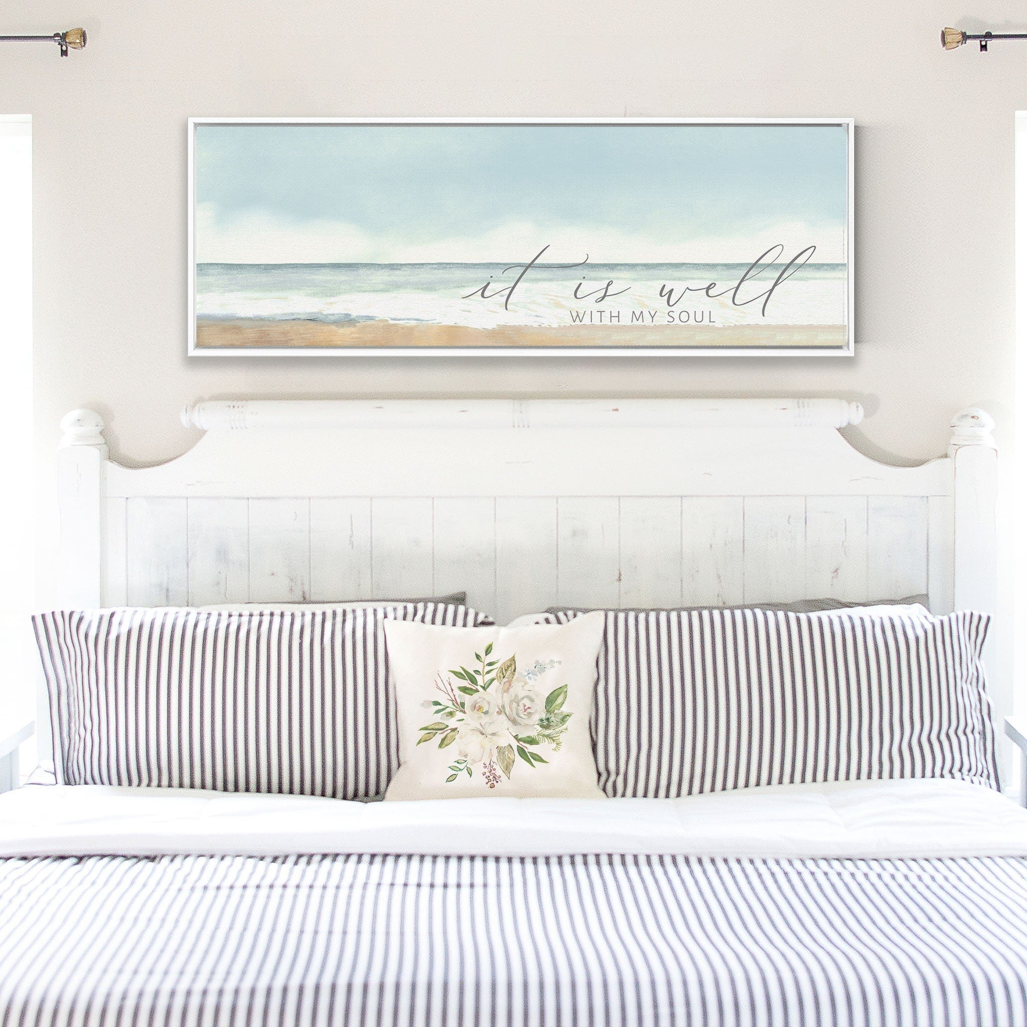 A beautiful coastal canvas wall art featuring the phrase 'It Is Well With My Soul', showcasing serene beach colors and textures.