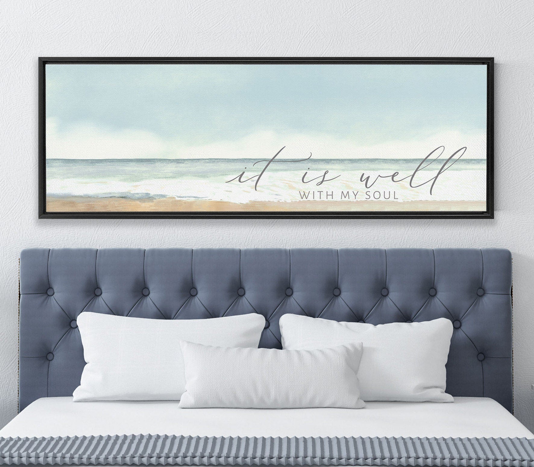 A beautiful coastal canvas wall art featuring the phrase 'It Is Well With My Soul', showcasing serene beach colors and textures.