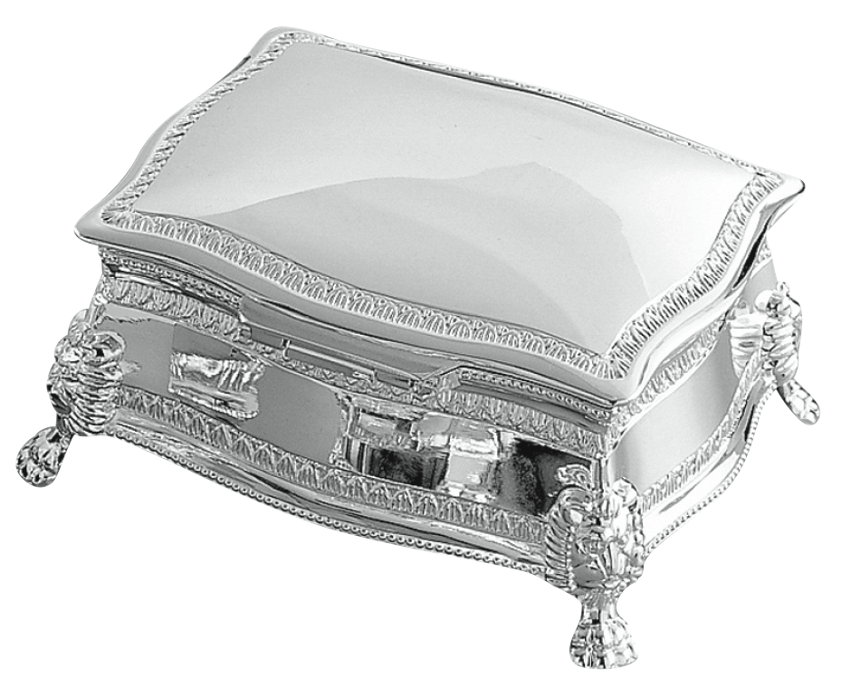 Elegant Italianate Style Jewelry Box with nickel plating and lion head feet design.