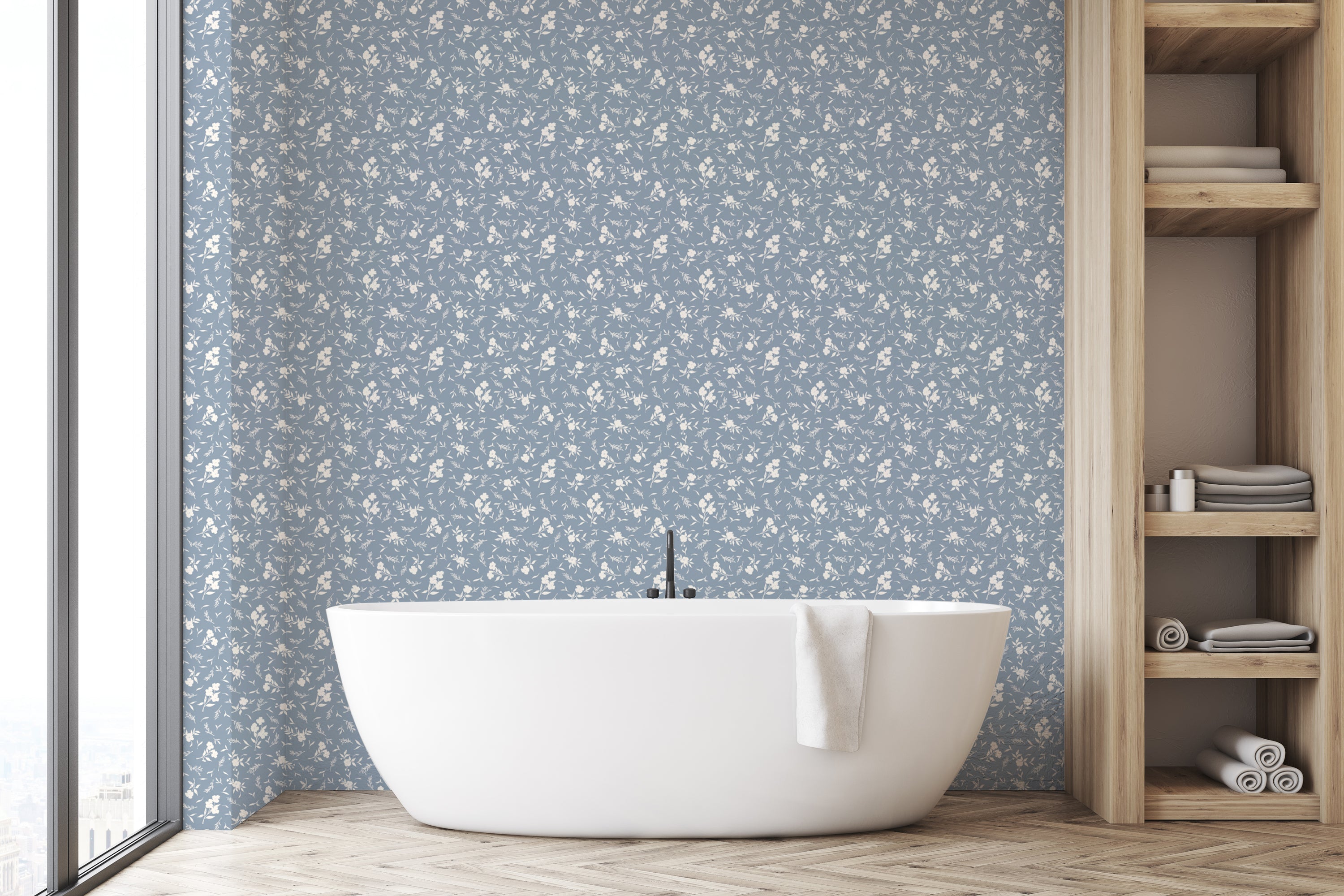 Ivy Wallpaper in Powder Blue featuring a modern design, perfect for home decor, showcasing its peel and stick application.