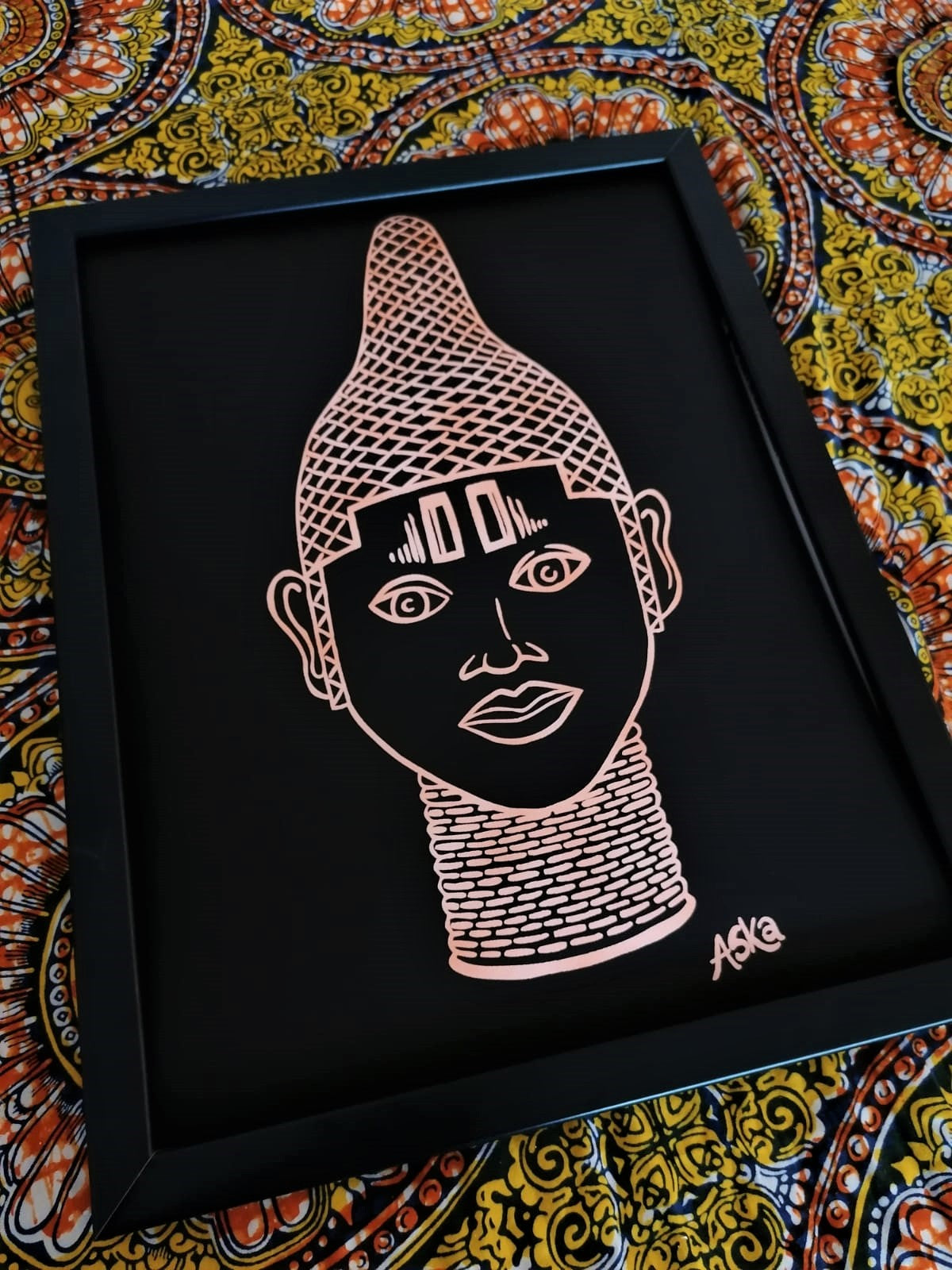 IYOBA Ancient African Inspired A3 Giclée Art Print featuring Queen IDIA in elegant rose gold, showcasing intricate details and cultural significance.