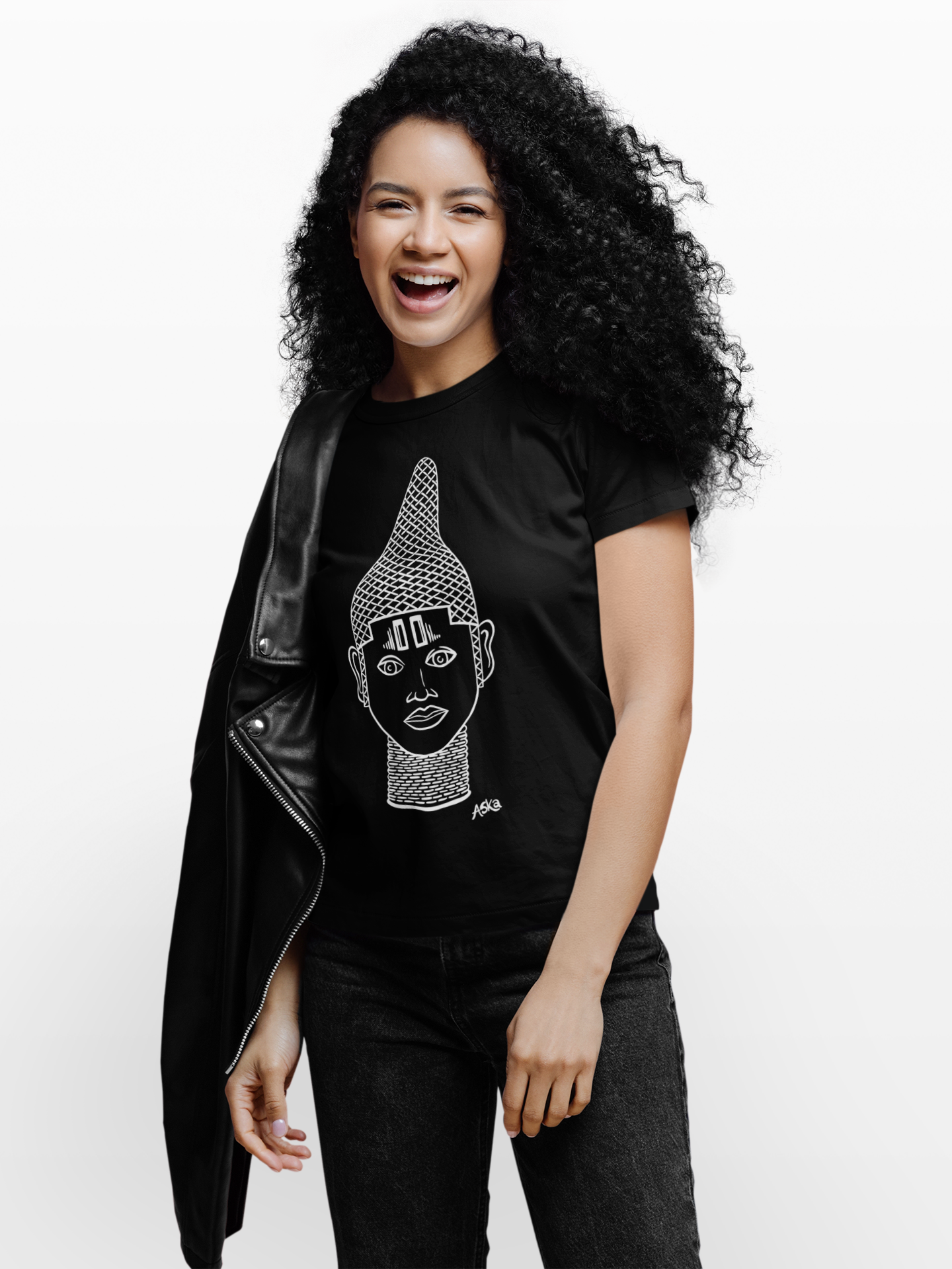 IYOBA Art Earth Positive Tee featuring Queen IDIA's face in black, white, and rose-gold prints on a white and black background, made from organic cotton.