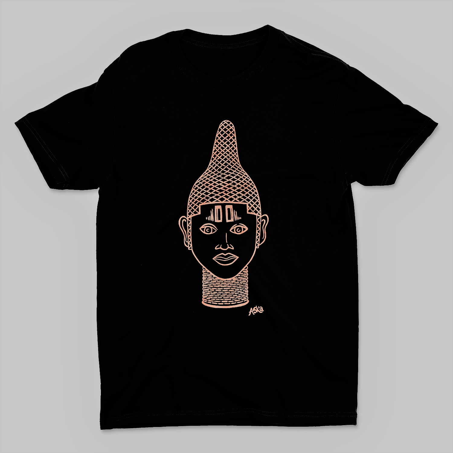 IYOBA Art Tee featuring rose-gold prints of Queen IDIA on a black background, made from 100% organic cotton.