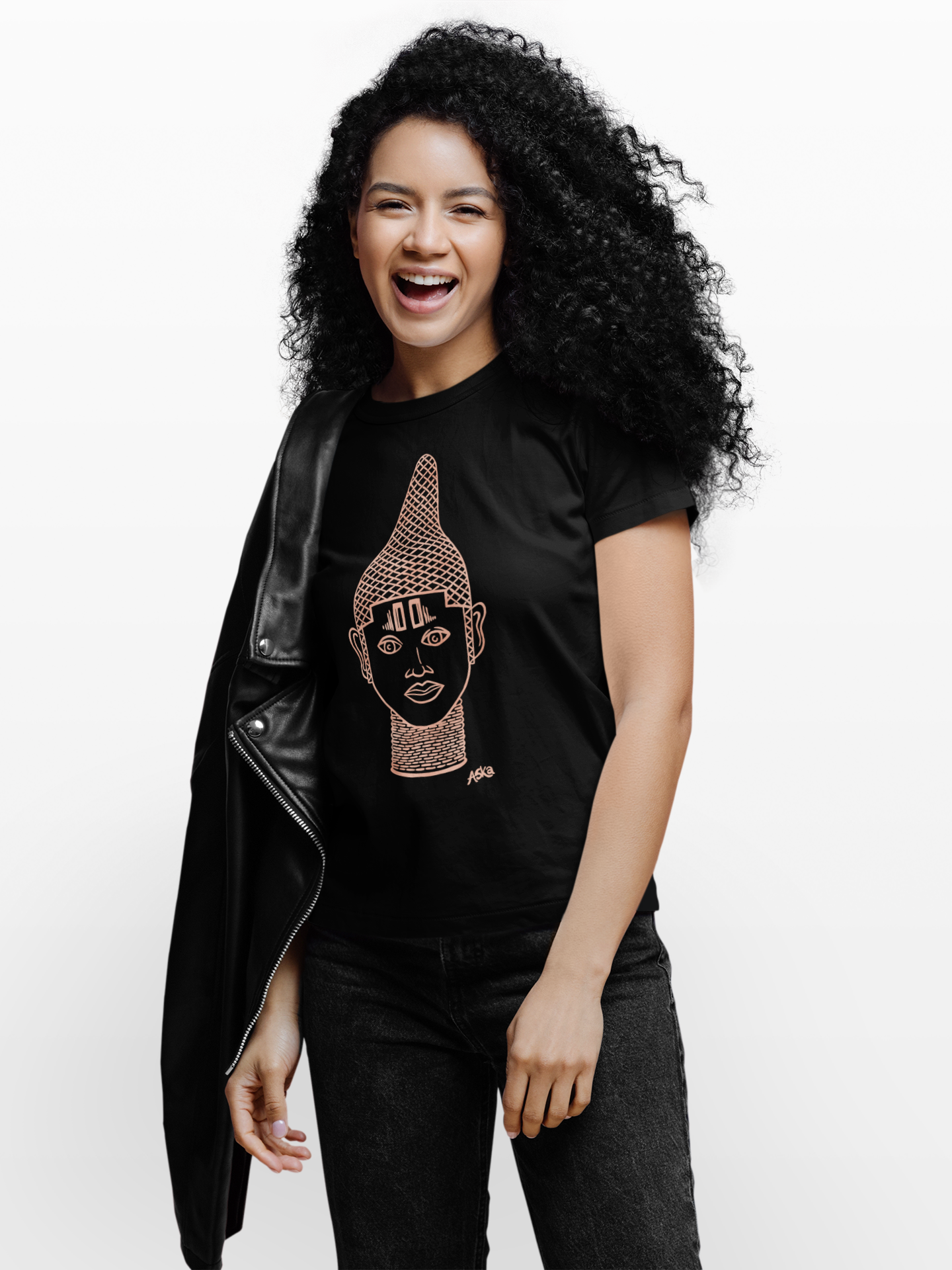 IYOBA Art Tee featuring rose-gold prints of Queen IDIA on a black background, made from 100% organic cotton.