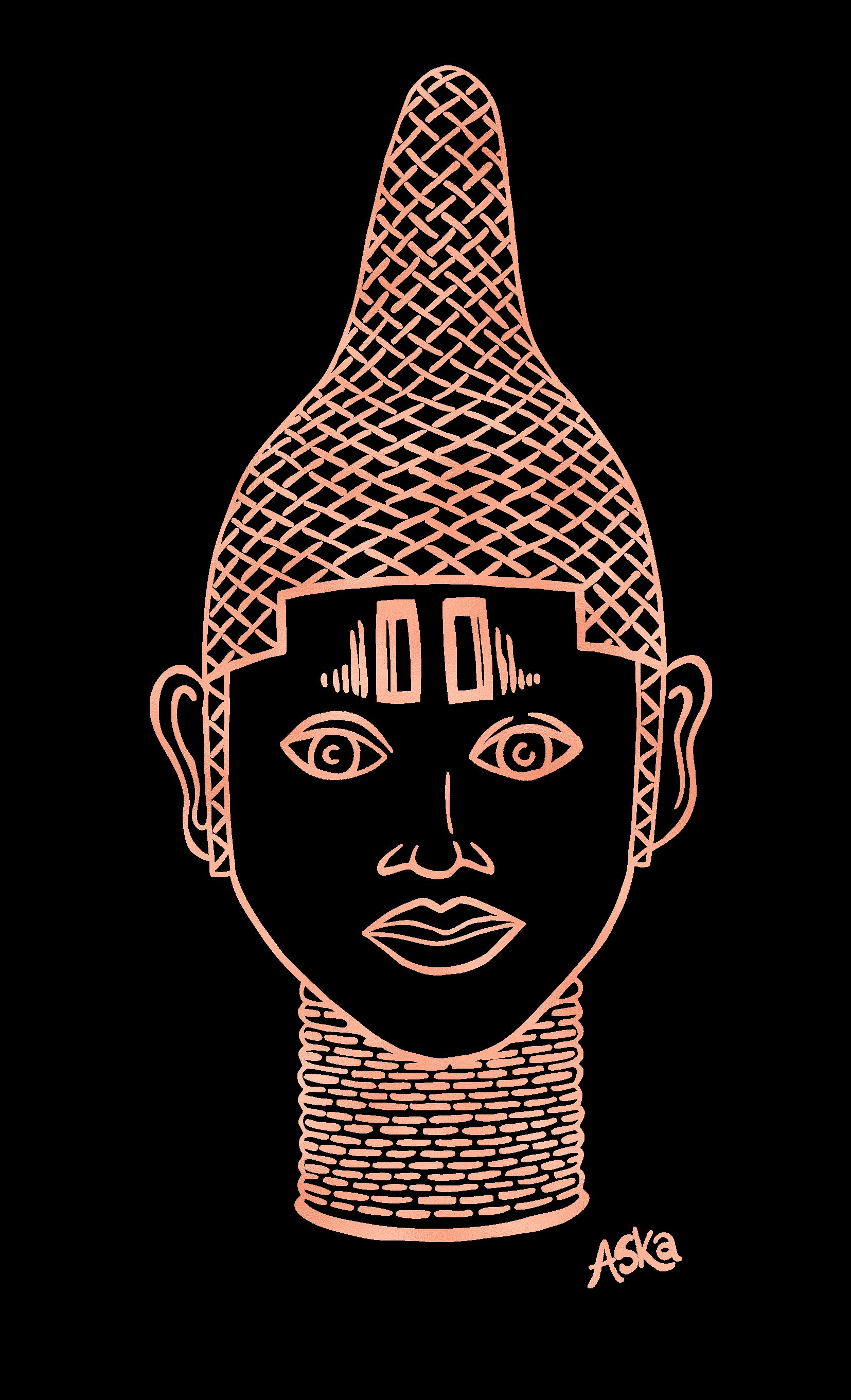 IYOBA Art Tee featuring rose-gold prints of Queen IDIA on a black background, made from 100% organic cotton.