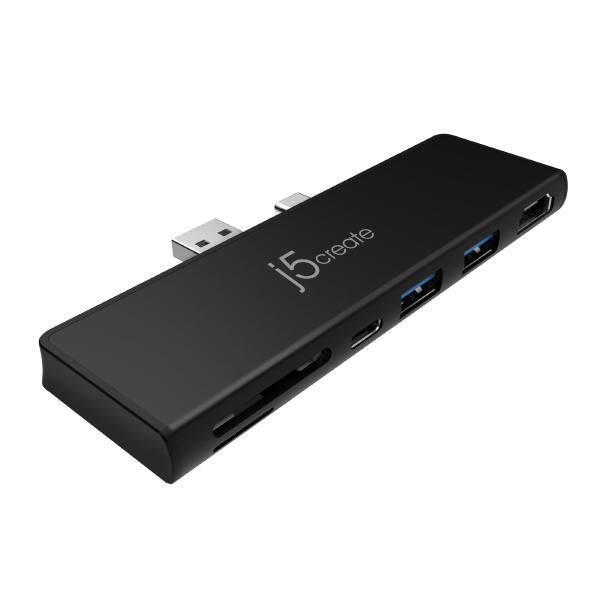 J5create JCD324B Ultra-drive Mini-dock for Surface Pro 7 with two USB 3.1 ports, HDMI output, and memory card reader.