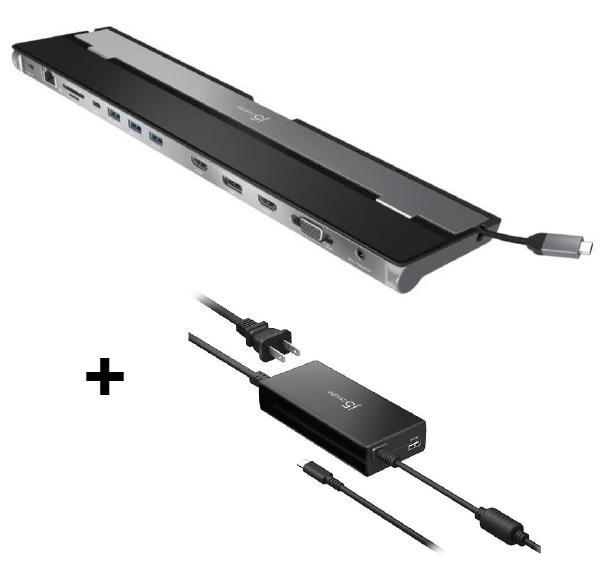 J5create JCD543 USB-C Triple Display Docking Station with multiple ports including HDMI, VGA, and USB connections.