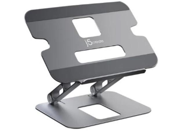 J5create JTS127 Multi-Angle Laptop Stand in aluminum, adjustable height and angle, supporting a laptop and tablet.