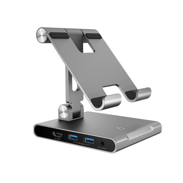 J5create JTS224 Multi-Angle Stand Docking Station for iPad and Samsung, showcasing its adjustable angles and multiple ports.